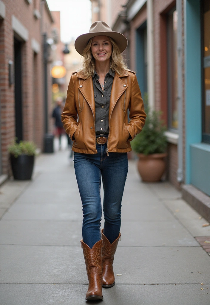 30 Stunning Cowboy Outfits for Women 40+ That Will Turn Heads! - 25. Stylish Platform Boots