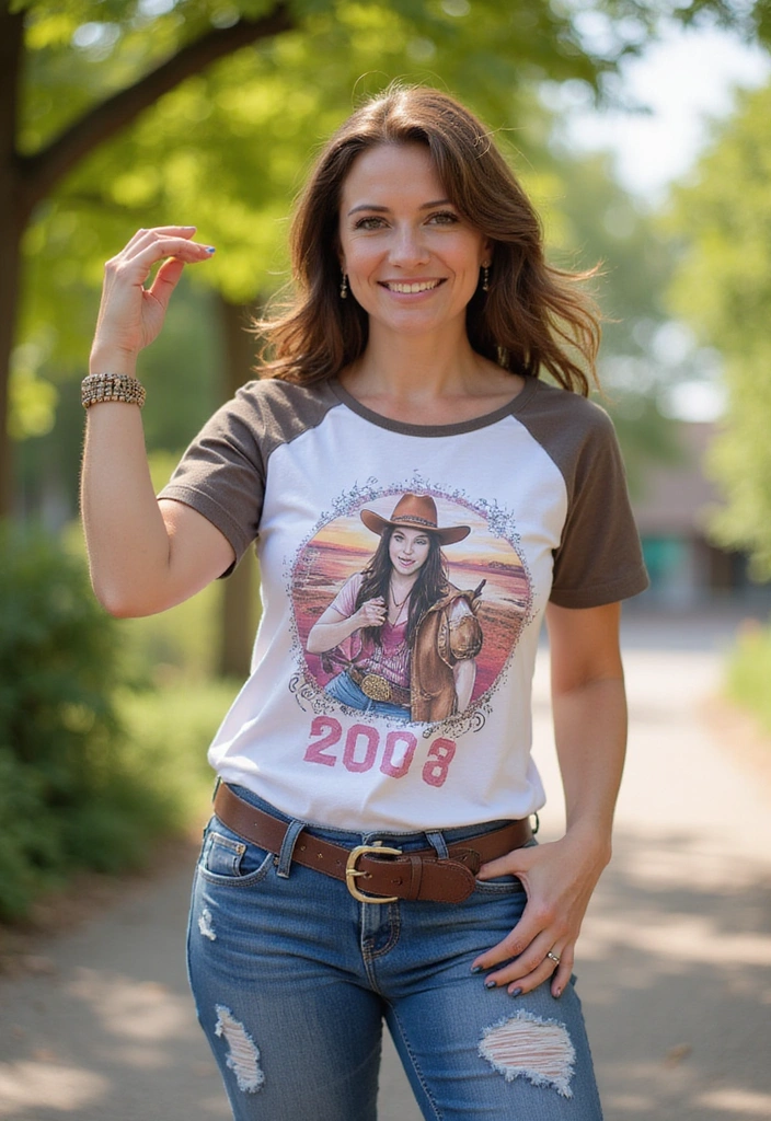 30 Stunning Cowboy Outfits for Women 40+ That Will Turn Heads! - 9. Stylish Cowgirl Graphic Tees