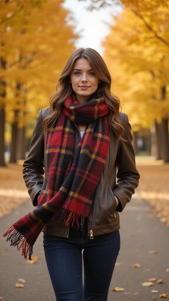 25 Fall Outfits Women Will Adore (Get Ready to Turn Heads!) - 2. Plaid Blanket Scarf and Leather Jacket
