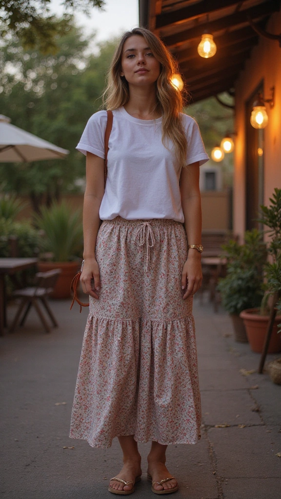 30 Casual Night Out Outfits That Will Make You the Star of the Night! - 8. Casual Maxi Skirt and T-shirt