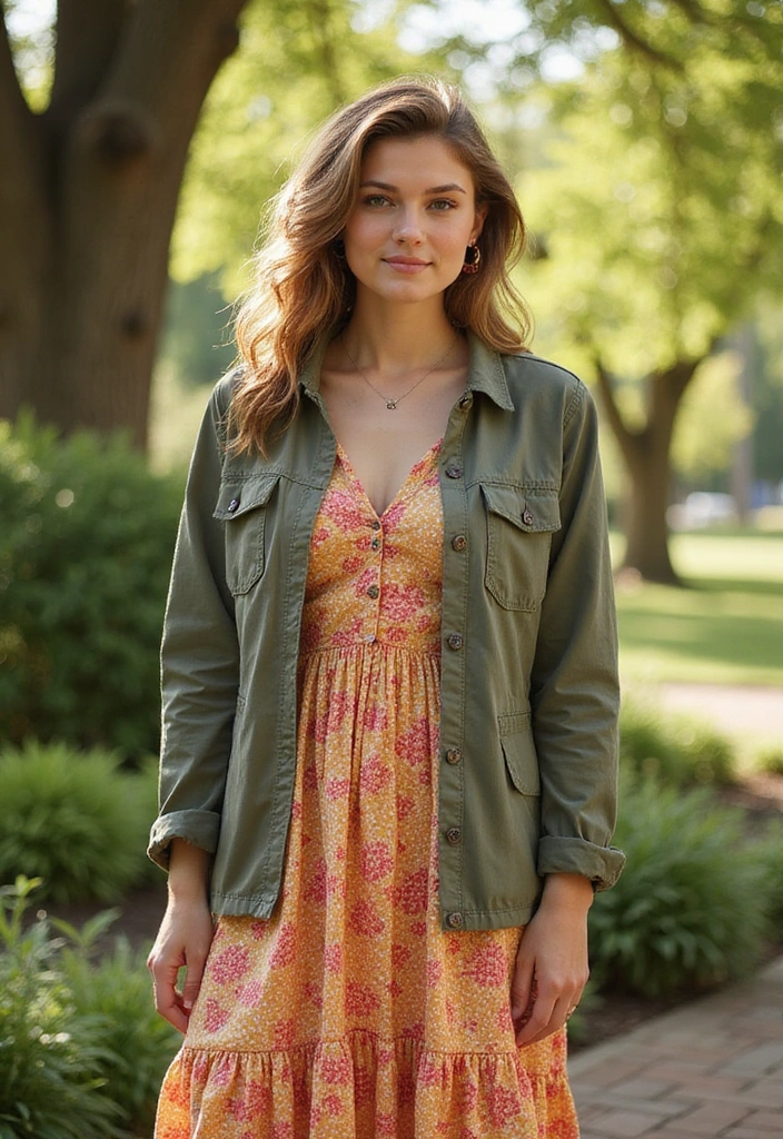 30 Trendy Casual Summer Vacation Outfits for Women That Are Perfect for Wanderlust! - 15. Lightweight Utility Jacket Over Dress