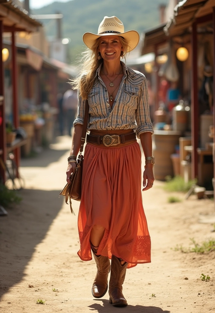 30 Stunning Cowboy Outfits for Women 40+ That Will Turn Heads! - 16. Traditional Western Skirts