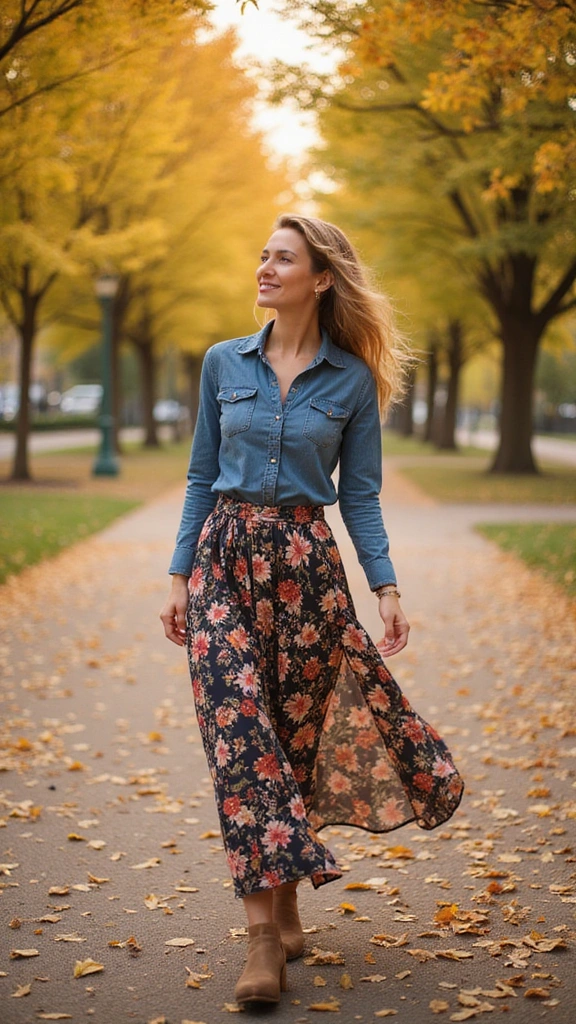 25 Fall Outfits Women Will Adore (Get Ready to Turn Heads!) - 12. Floral Maxi Skirt with Denim Top