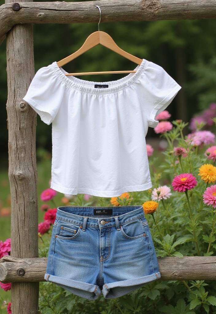 30 Trendy Casual Summer Vacation Outfits for Women That Are Perfect for Wanderlust! - 7. Charming Off-Shoulder Top and Shorts