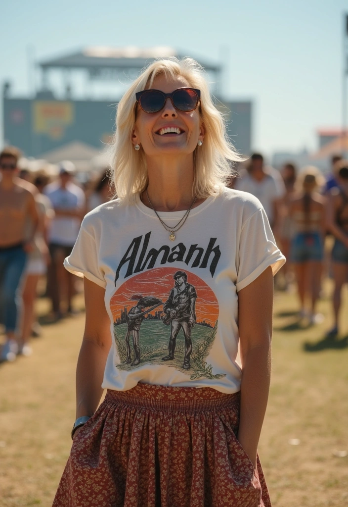 30 Stunning Cowboy Outfits for Women 40+ That Will Turn Heads! - 6. Vintage Band T-Shirt & Skirt Combo