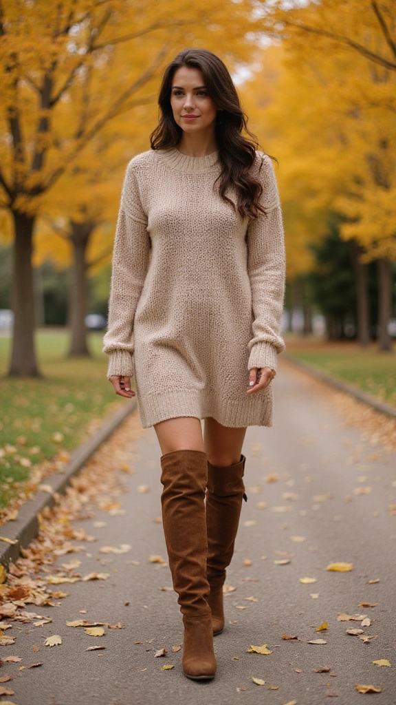 25 Fall Outfits Women Will Adore (Get Ready to Turn Heads!) - 8. Sweater Dress with Knee-high Boots