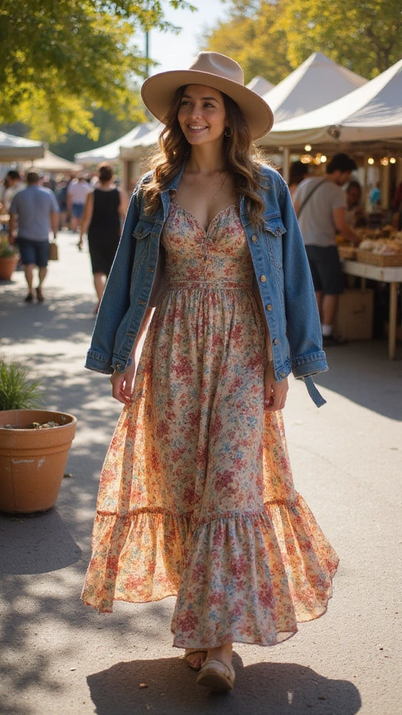 25 Fall Outfits Women Will Adore (Get Ready to Turn Heads!) - 5. Denim Jacket Over Maxi Dress