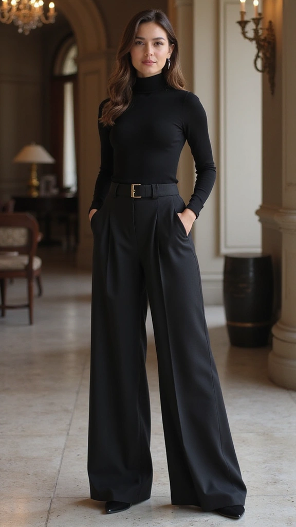 30 Casual Night Out Outfits That Will Make You the Star of the Night! - 24. Turtleneck and Wide-Leg Pants