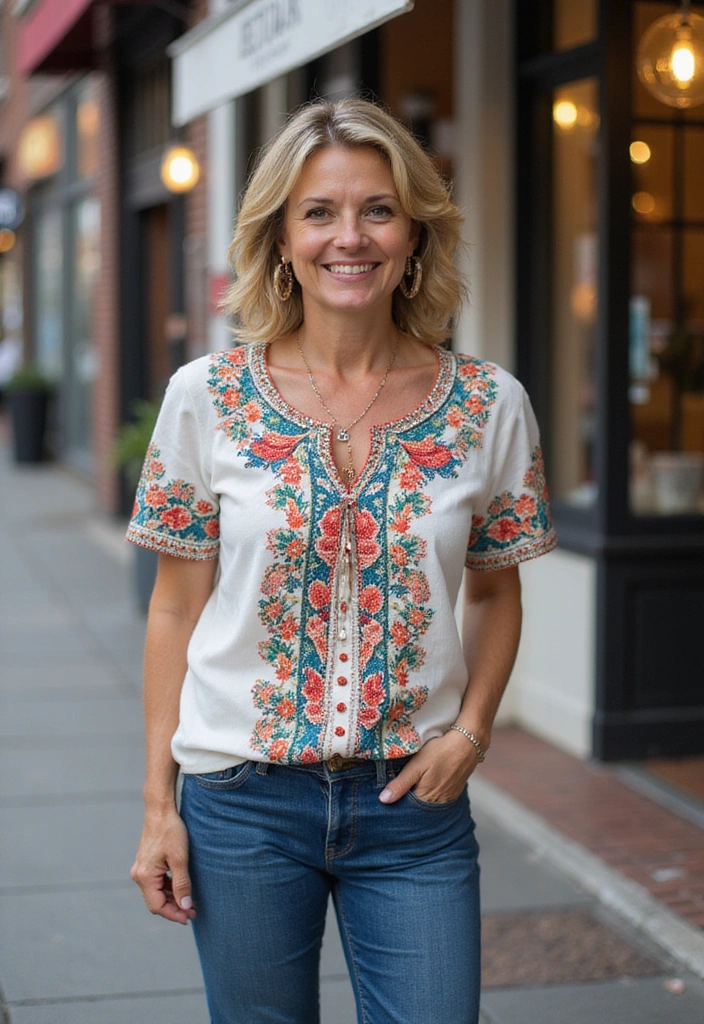 30 Stunning Cowboy Outfits for Women 40+ That Will Turn Heads! - 13. Embroidered Tops for a Unique Twist