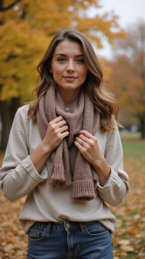 25 Fall Outfits Women Will Adore (Get Ready to Turn Heads!) - 19. Warm Wool Scarf with Basic Tee