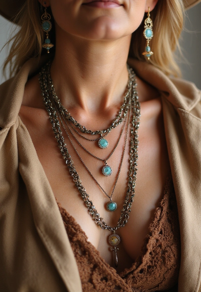 30 Stunning Cowboy Outfits for Women 40+ That Will Turn Heads! - 11. Layered Necklaces for a Finishing Touch
