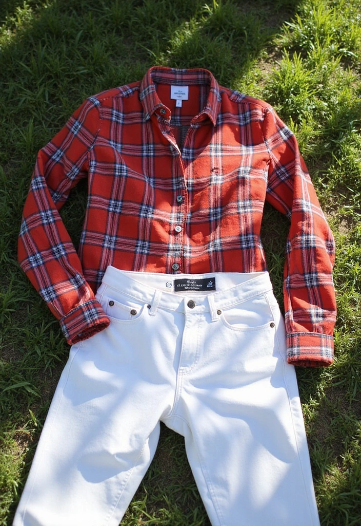 30 Trendy Casual Summer Vacation Outfits for Women That Are Perfect for Wanderlust! - 16. Colorful Plaid Shirt with White Jeans
