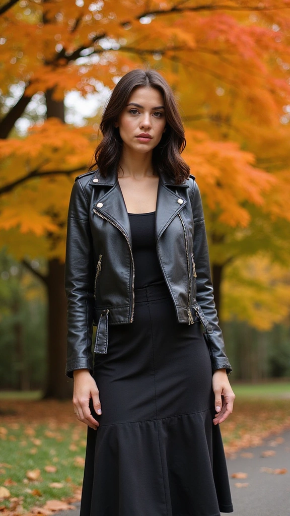 25 Fall Outfits Women Will Adore (Get Ready to Turn Heads!) - 18. Stylish Biker Jacket with Midi Skirt