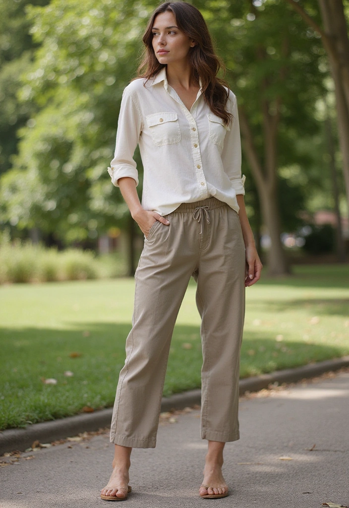 30 Trendy Casual Summer Vacation Outfits for Women That Are Perfect for Wanderlust! - 14. Relaxed Chino Pants and Button-Up Top