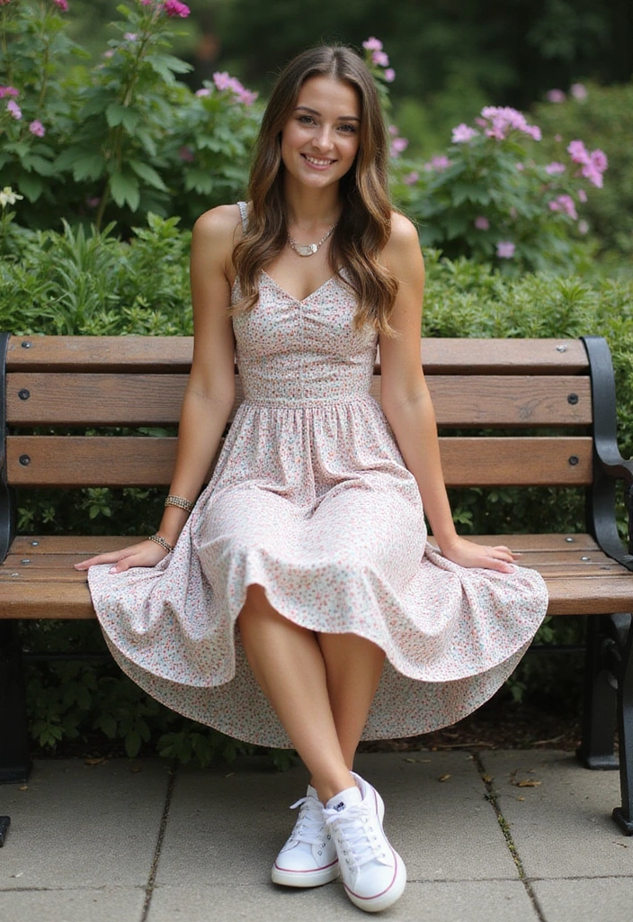 30 Trendy Casual Summer Vacation Outfits for Women That Are Perfect for Wanderlust! - 17. Trendy Sneakers and Casual Dress