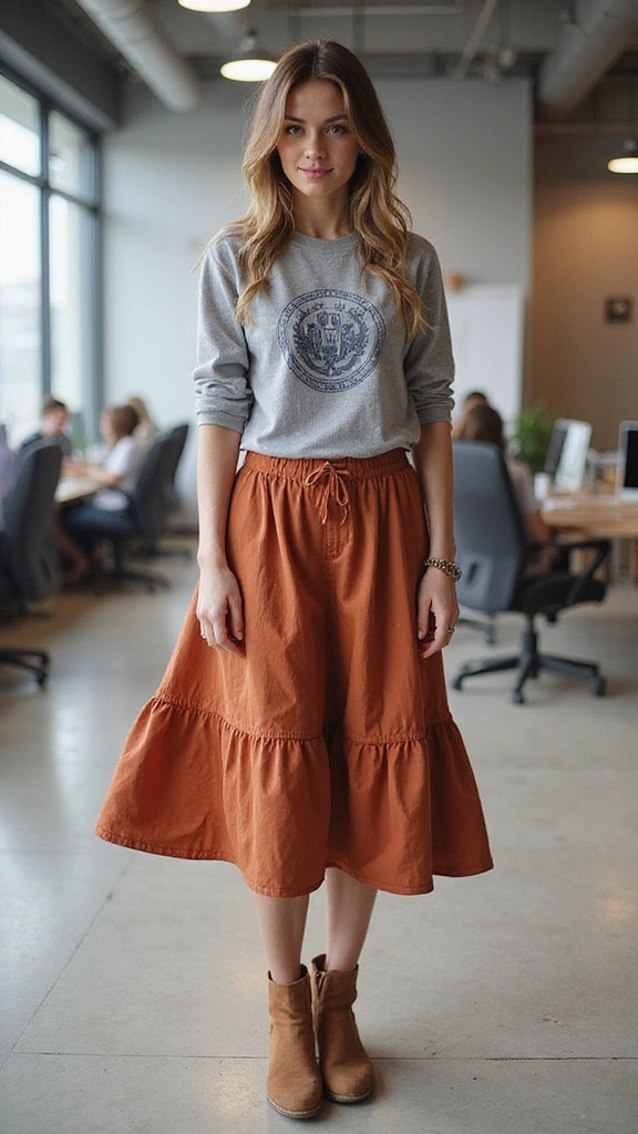 23 Chic Summer Work Outfits for Women in Their 30s (Look Confident & Stylish!) - 9. Midi Skirts with Graphic Tees