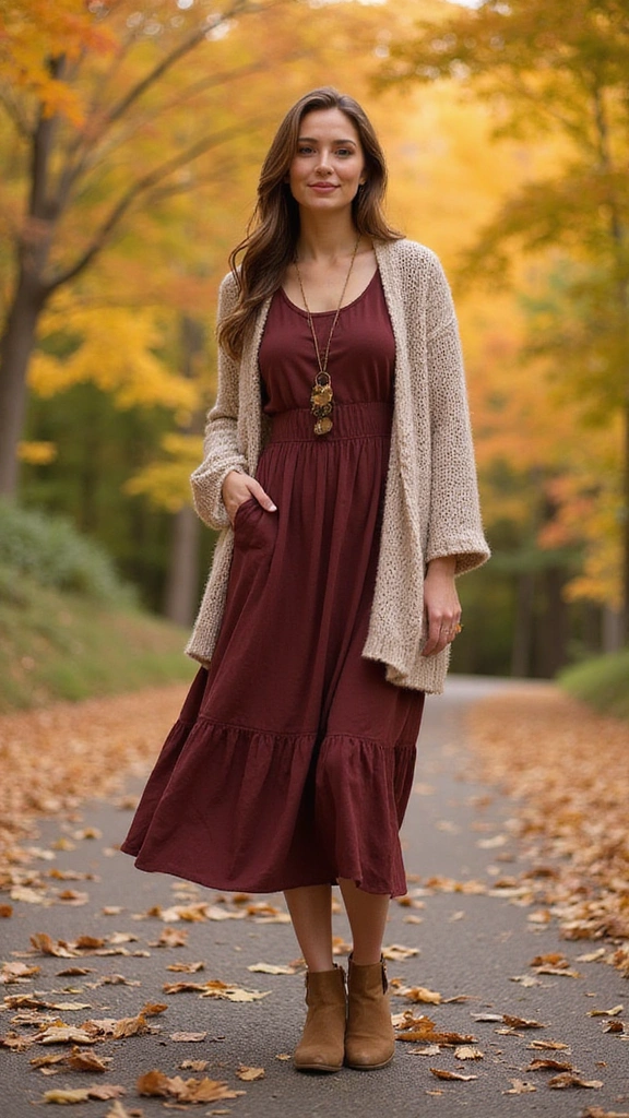 25 Fall Outfits Women Will Adore (Get Ready to Turn Heads!) - 3. Midi Dress with Chunky Cardigan