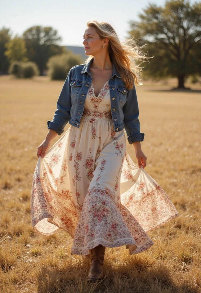 30 Stunning Cowboy Outfits for Women 40+ That Will Turn Heads! - 2. Western-Themed Maxi Dress