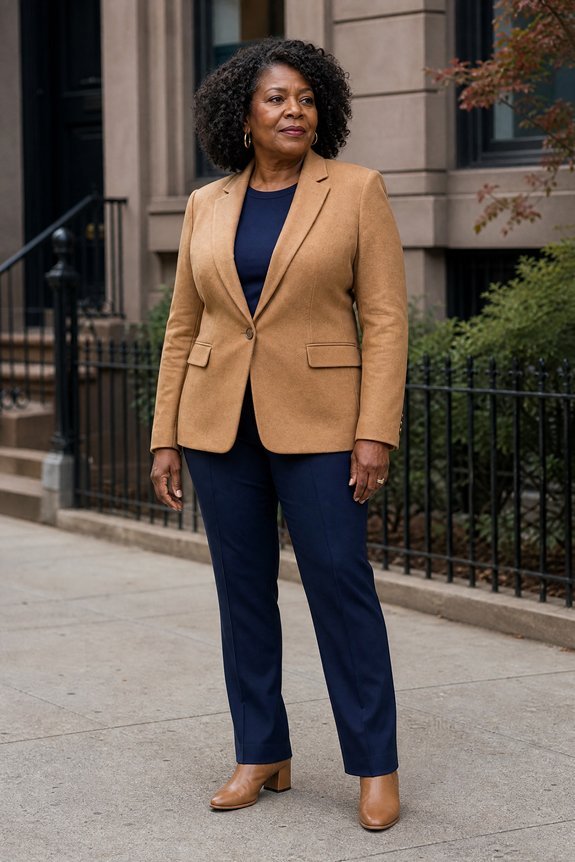 Woman wearing a jacket length selected to balance her individual proportions