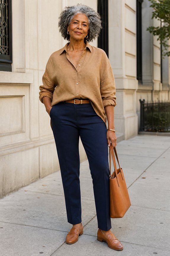 Woman over 50 balancing one voluminous garment with a cleaner fitted piece