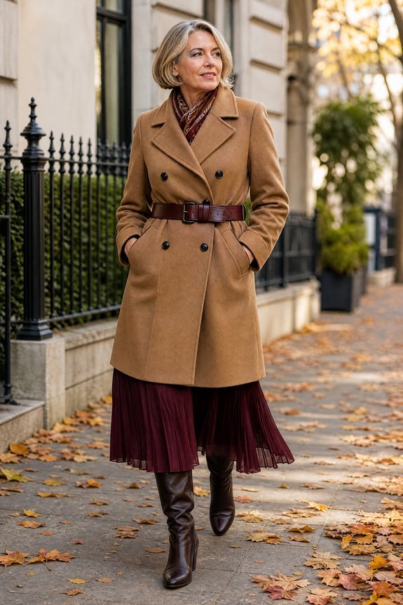 belted coat pleated skirt
