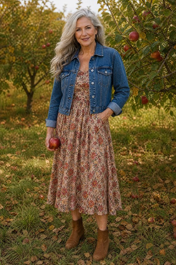 denim jacket over floral midi