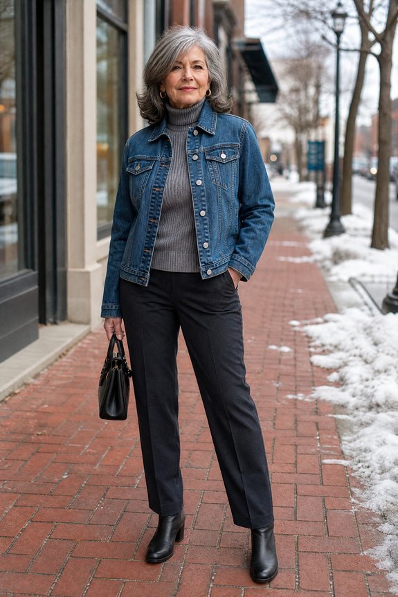 denim jacket over mock neck