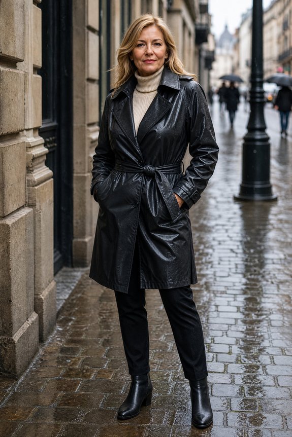 fitted turtleneck belted raincoat