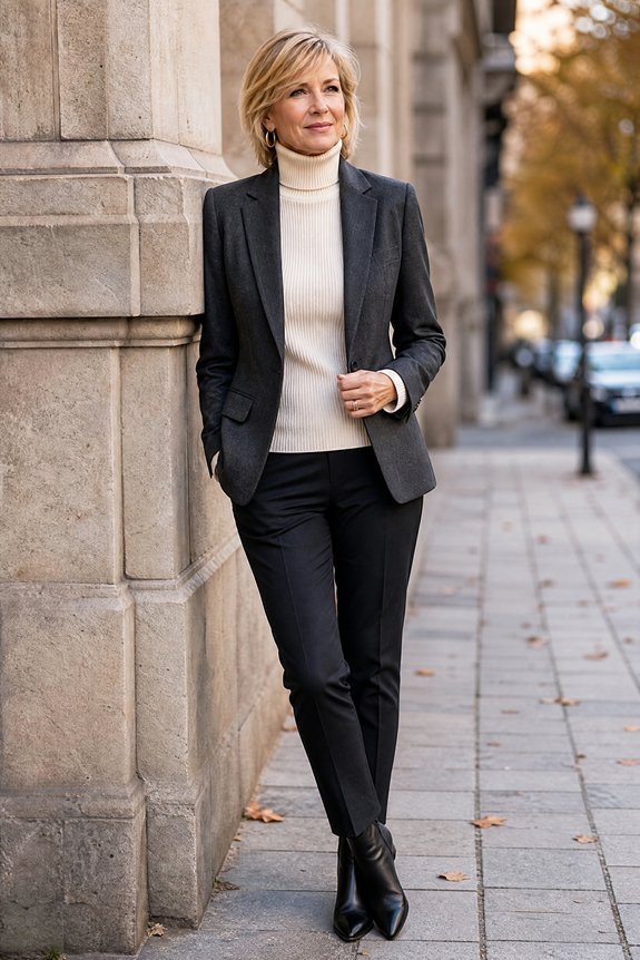 fitted turtleneck under blazer