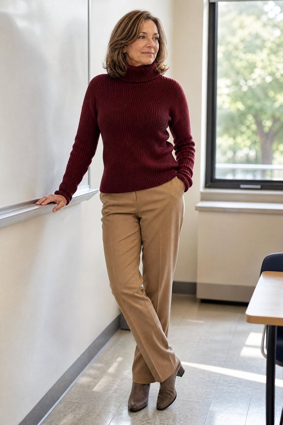 fitted turtleneck wide leg trousers