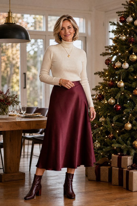 fitted turtleneck with pleated midi
