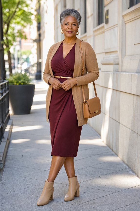 Woman over 50 wearing a proportioned outfit that defines her shape without tight cinching