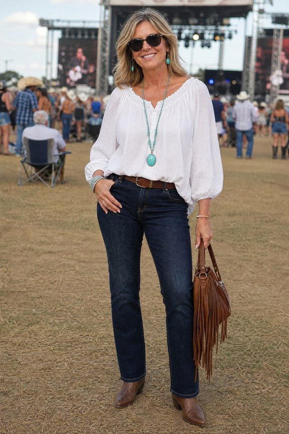 high rise dark denim with peasant blouse