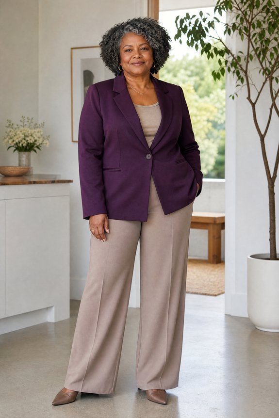 Woman comparing jacket length with her height and torso-to-leg proportions