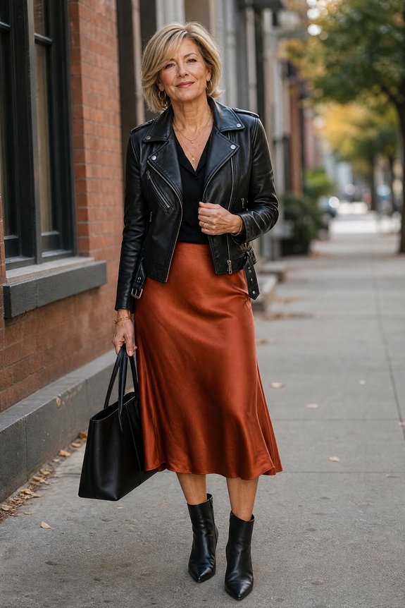 leather jacket midi skirt