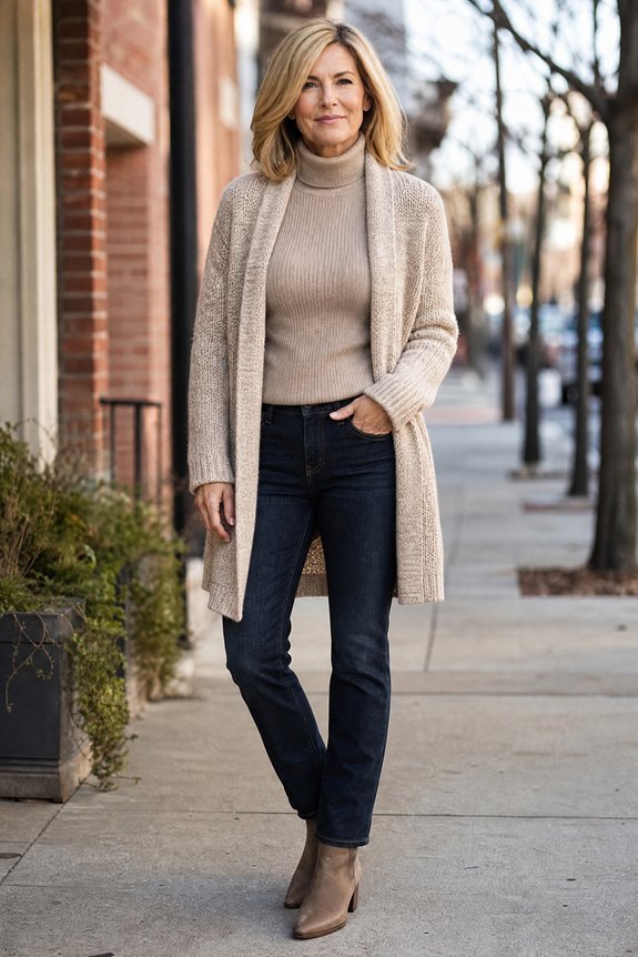 longline cardigan over turtleneck