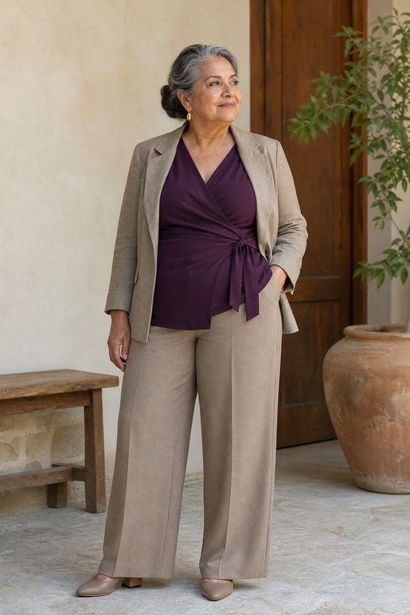 Stylish woman over 50 choosing clothes for her current shape and proportions