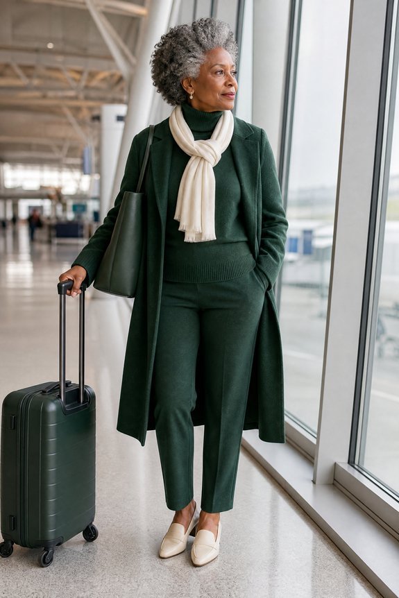 monochrome layered winter travel outfit