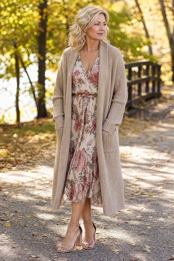 neutral cardigan with floral midi
