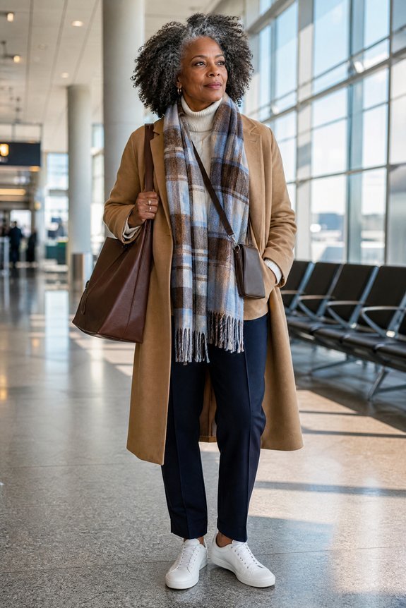 plaid scarf neutral coat