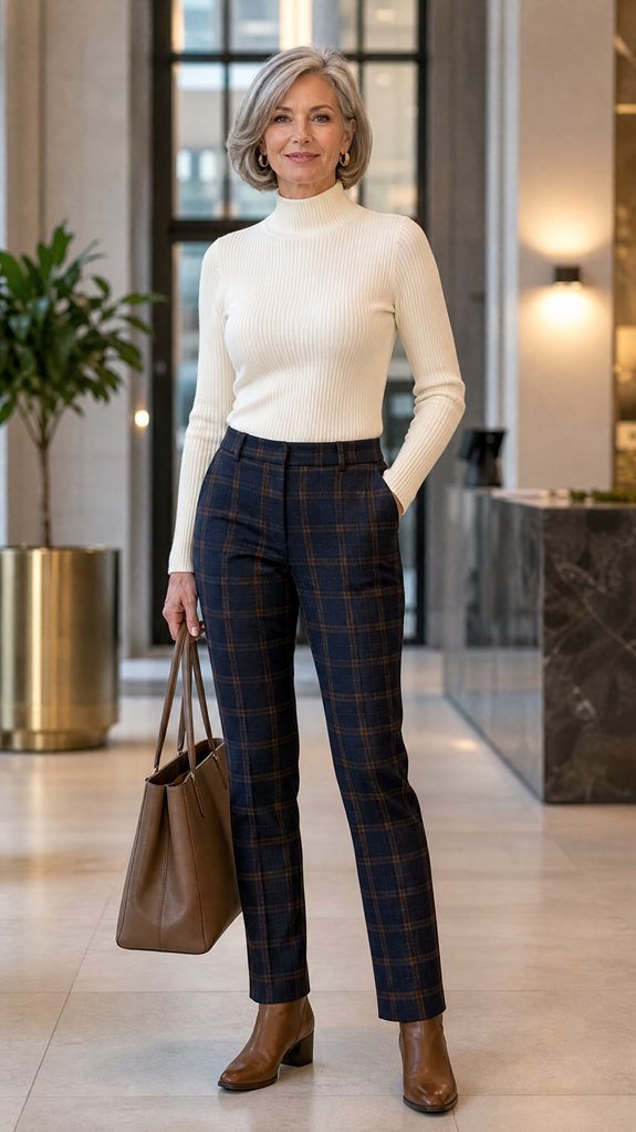 plaid trousers fitted mock neck