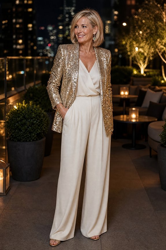 sequined blazer wide leg trousers