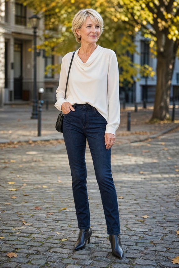 silk blouse with dark denim