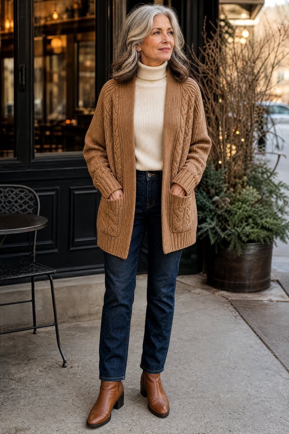 slim turtleneck under cardigan