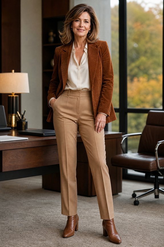 suede blazer with tailored trousers