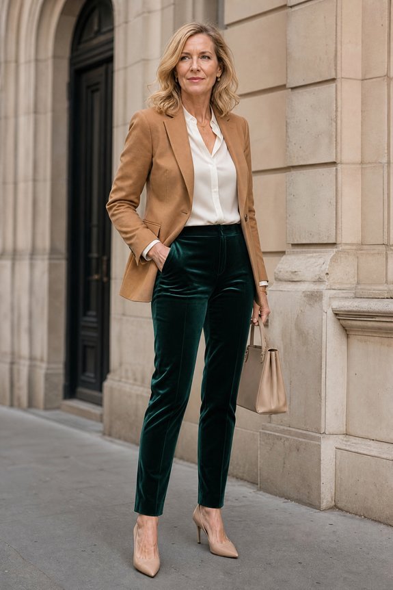 tailored neutral velvet trousers