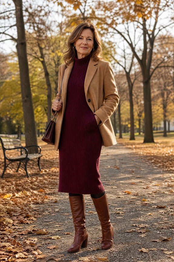textured camel dress with cognac boots