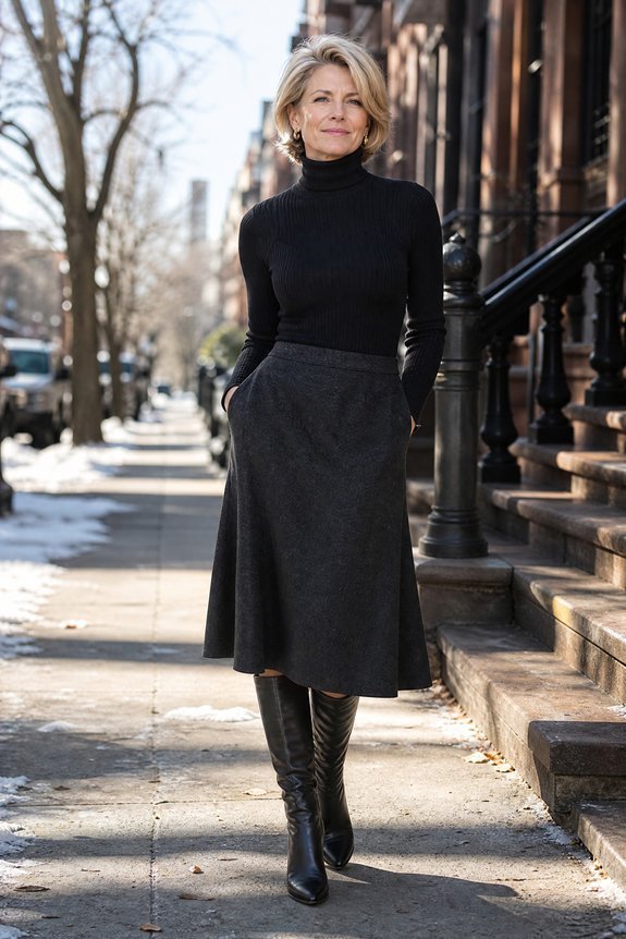 turtleneck bodysuit with midi skirt