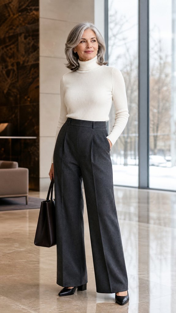wide leg trousers fitted turtleneck