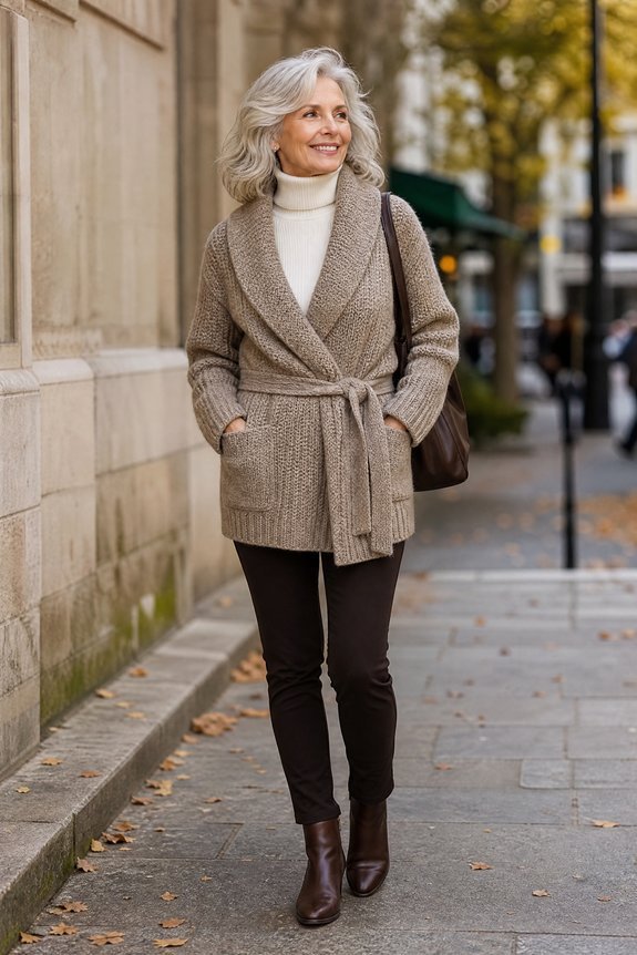 wrap cardigan with slim turtleneck